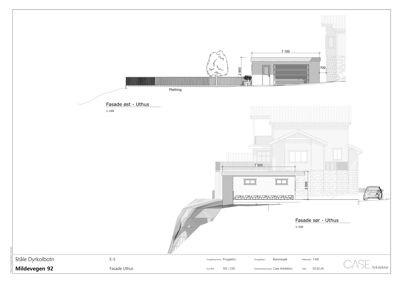 Fasadetegning som viser bygningens utseende sett fra øst og sør, inkludert mål og terrengforhold.