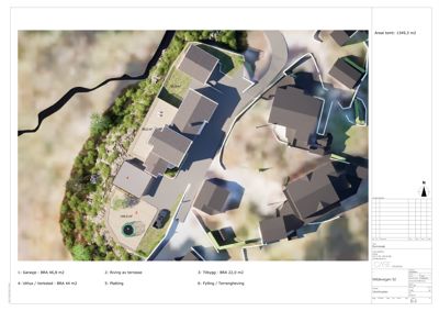 3D-visualisering (rendering) av et tomt med planlagt bebyggelse, inkludert hus, garasje, uteplasser og terrengform. Bildet viser skygger og tekstur for å gi et realistisk inntrykk.