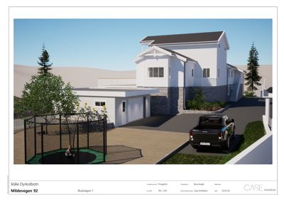 3D-visualisering (rendering) av en planlagt bolig med omgivelser, inkludert bil og lekeutstyr.