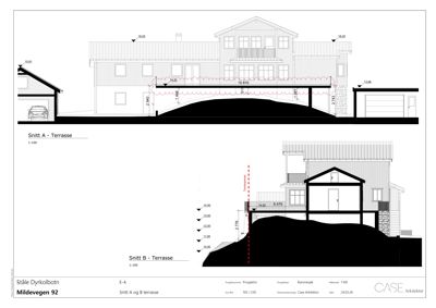 Snittegning (Snitt A og B) som viser tverrsnitt gjennom bygningen, terrassene og høydemålinger.