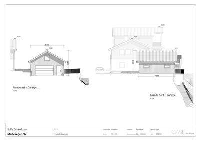 Fasadetegning som viser utsiden av en garasje sett fra øst og nord, med mål og høydemål.