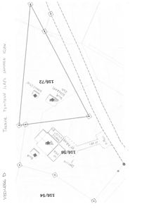 Situasjonsplan som viser tomtene 116/54, 116/56 og 116/72, med angitte bygninger, eiendelsgrenser og en notis om at tomtegrensen skal slås sammen.
