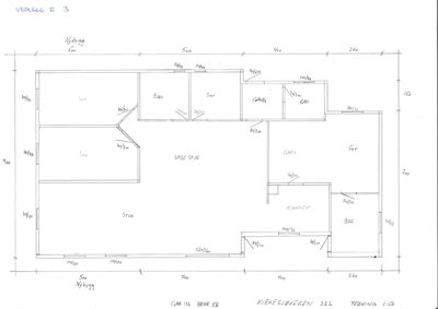 Etasjeplan (vedlegg 3) som viser romfordeling, dimensjoner og veggtykkelser for en bolig.