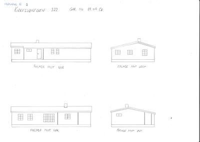 Fasadetegning som viser bygningens utseende fra fire sider (N, V, S, Ø).