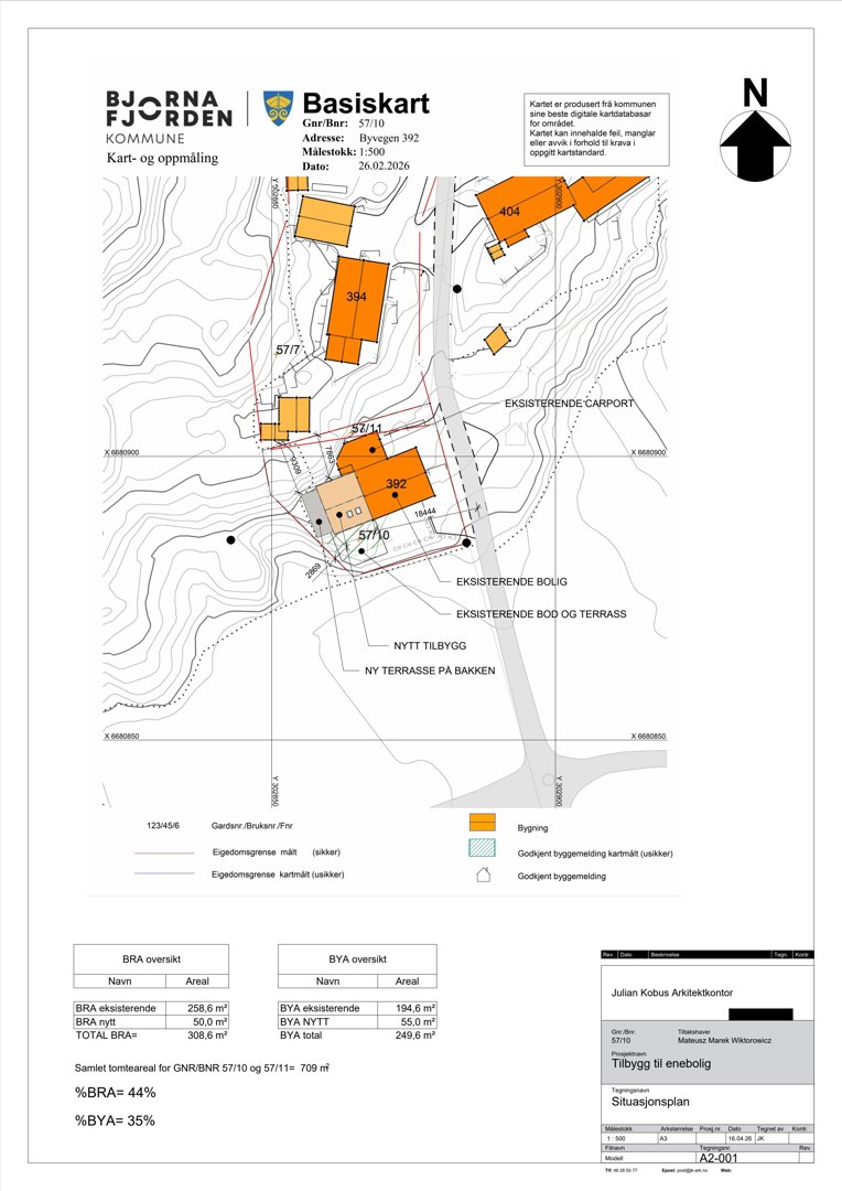 Situasjonsplan (Basiskart) som viser eksisterende og planlagt bebyggelse, eiendomsgrenser og arealoversikt.