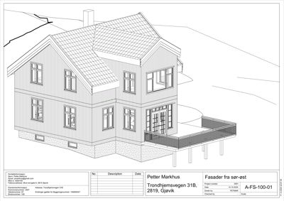 Fasadetegning som viser bygningens utseende sett fra sør-øst, inkludert tak, vinduer, balkong og grunnmur.