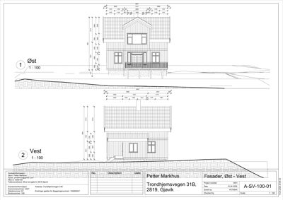Fasadetegning som viser bygningens utseende sett fra øst og vest med mål og detaljer.