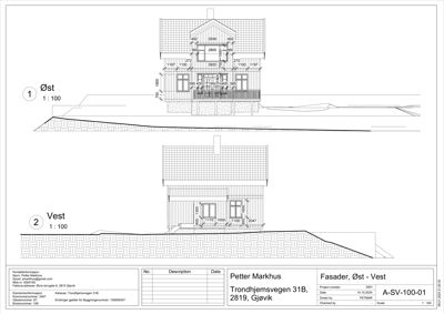 Fasadetegning som viser bygningens utseende fra øst og vest med mål og detaljer.