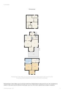 Bildet viser en side fra en eiendomsmeglingsbrochure som inneholder tre plantegninger (etasjeplaner) for en bolig.