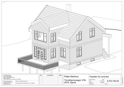 Fasadetegning som viser bygningens utseende sett fra nord-øst, inkludert takform, vinduer, balkong og trapp.