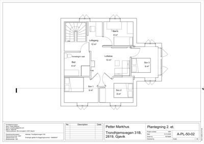 Plantegning av 2. etasje med romfordeling, arealer og dører.