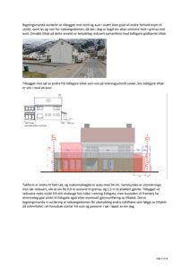 Fasadetegning som viser etasjeplan, takform, høyder og utvidelse av bygget mot sørretningen.