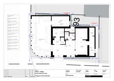 Etasjeplan (Plan 1. etasje) for et Sushi Restaurant & Bar, som viser romfordeling, dimensjoner og arealoppdelinger.