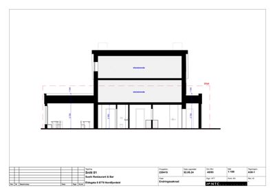 Snittegning (Snitt 01) som viser tverrsnittet av en bygning med mål, innvendige rom og etasjer.