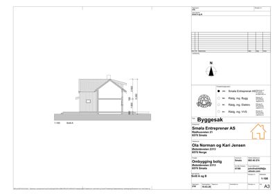 Snittegning (Snitt A) som viser bygningens tverrsnitt, høyder og konstruksjon.
