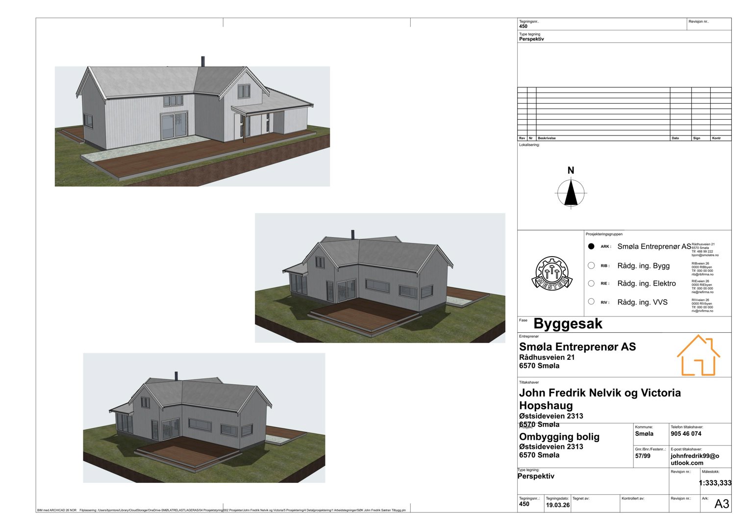 Tre 3D-visualiseringer (perspektivtegninger) av en planlagt bolig med omgivelser.