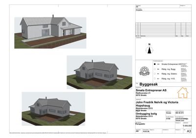 Tre 3D-visualiseringer (perspektivtegninger) av en planlagt bolig med omgivelser.