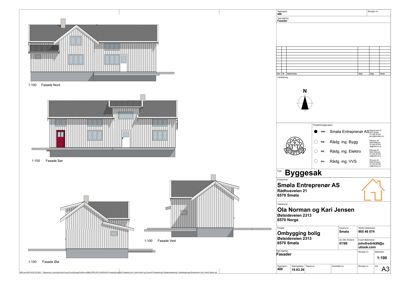Fasadetegning som viser bygningens utseende fra fire sider (Nord, Sør, Vest, Øst) med detaljer om vinduer, dører og takform.