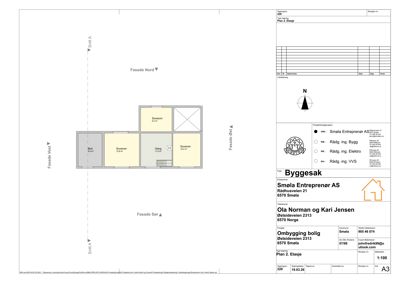 Etasjeplan (Plan 2. Etasje) som viser romfordeling, fasader og orientering for en bygning.