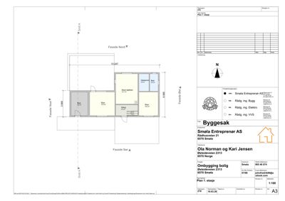 Etasjeplan for 1. etasje som viser romfordeling, mål og fasader.
