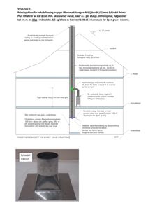 Prinsippskisse og detaljtegning for rehabilitering av røykpipe, inkludert snitt gjennom bygget og et bilde på Schiedel 136115 'Bunnstuss for åpen grue'.