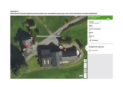 Kartutsnitt (flyfoto) fra kommunekart.com som viser eiendom med påteikna plassering av nordre skorstein.