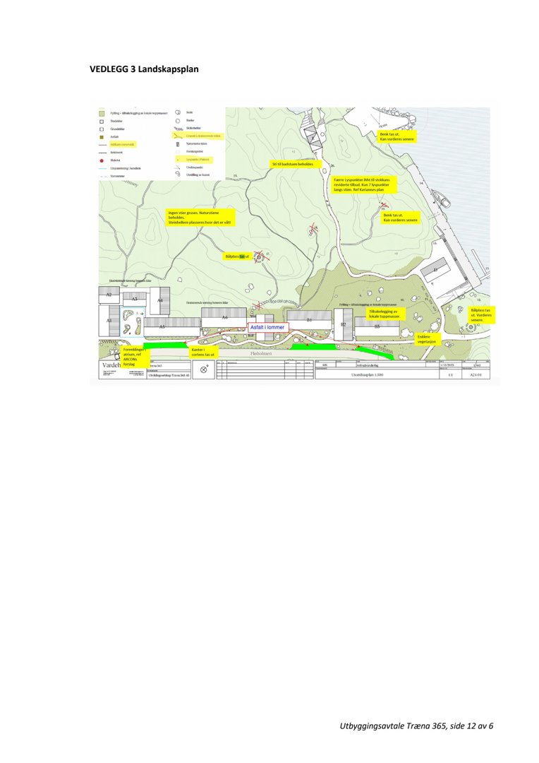Landskapsplan som viser tomtens terrengforhold, vegetasjon og plassering av bygninger.