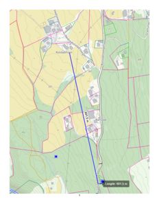 Kart med topografiske linjer, vegnavn (Kolstadvegen, Nedre Kolstadvegen) og eiendomsinndeling. En blå linje markerer en avstand på 601,5 m mellom to punkter.