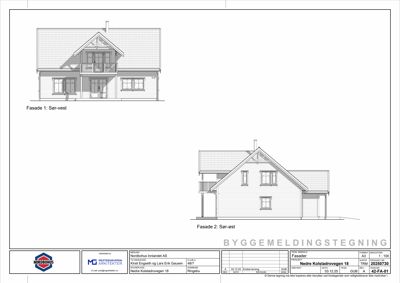 Fasadetegning som viser bygningens utseende fra to vinkler (sør-vest og sør-øst).