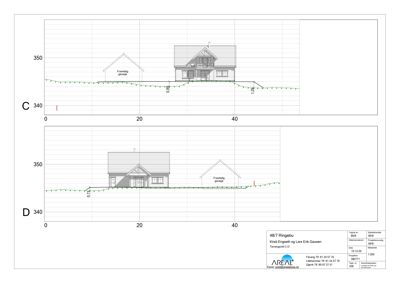 Snittegning (C-D) som viser bygningens tverrsnitt, takform, grunnplan og terrengforhold.