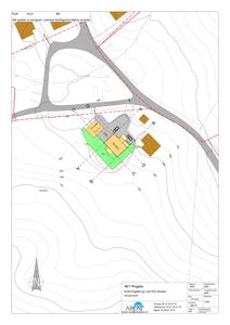 Situasjonsplan som viser tomtens form, høydekurver, nabolag, veier og plassering av nye bygg i forhold til eksisterende.
