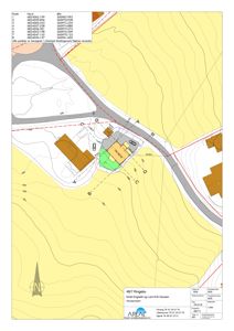Situasjonsplan som viser tomtens form, høydemålerlinjer, bygningers plassering, veier og omgivelsene.