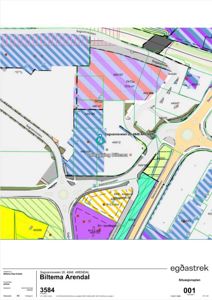 Situasjonsplan som viser tomtedeling, byggeområder, veier og arealbruk for Biltema Arendal.
