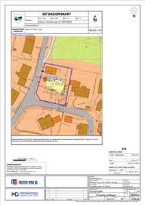 Situasjonskart som viser eiendomsgranser, nabobebyggelse og planlagt utnyttelse for en tomt i Rørvik.