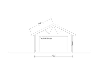 Fasadetegning som viser bygningens front med mål på takkant (4 800) og grunnflate (7 300), samt takvinkel (26 grader).