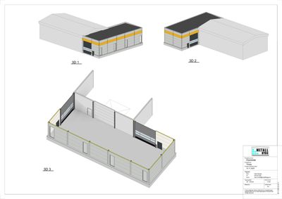 Bildet viser tre 3D-visualiseringer (renderinger) av en bygning fra ulike vinkler: to fasadevisninger og én snittvisning som viser romfordeling og konstruksjon.