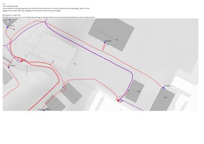 Situasjonsplan som viser eksisterende og planlagt kabelanlegg (røde og lilla streker) i forhold til bygninger og terreng.