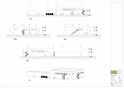 Bildet viser fasadetekninger (opprikk) av en bygning sett fra fire sider (Nord, Sør, Vest, Øst) samt en 3D-visualisering av fasaden.
