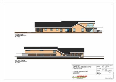 Fasadetegning som viser bygningens utseende fra sørvest og nordøst.