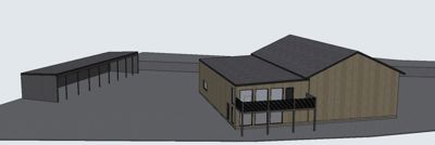 3D-visualisering av en planlagt bygning med tilhørende utbyggning sett fra utsiden.