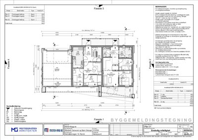 Etasjeplaner (Plan 01, Plan 02) med romfordeling, dimensjoner og arealoppsett for en bygning.