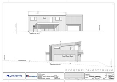 Fasadetegning som viser bygningens utseende sett fra nord og vest.