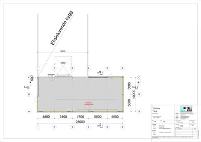 Etasjeplan (snitt) som viser romfordeling, dimensjoner og forhold til eksisterende bygg.