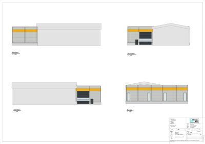 Fasadetegning som viser bygningens utseende fra fire ulike retninger (Nordøst, Nordvest, Sørøst og Sørvest).