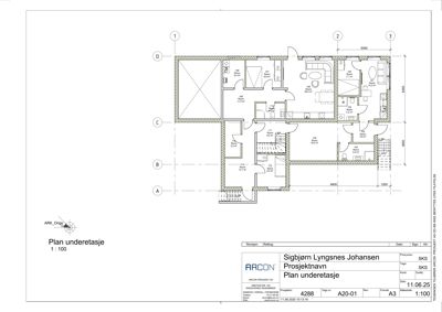 Plantegning av underetasjen med romfordeling, dimensjoner og utstyr.
