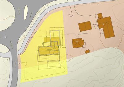 Situasjonsplan som viser tomtens beliggenhet i forhold til nabolag, veier (Batteriveien, Soreveien) og topografi (konturlinjer).