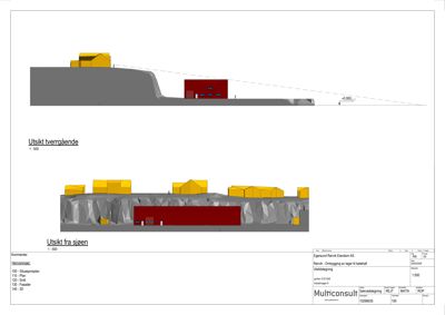Fotografi av en tegning som viser utsiktstegninger (utsikt terrgående og utsikt fra sjøen) for et byggprosjekt.