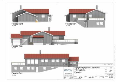 Fasadetegning som viser bygningens utseende fra fire sider (Nord, Sør, Vest, Øst) med mål 1:100.