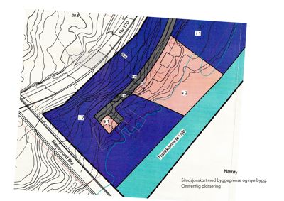 Situasjonskart som viser byggegrenser, nye bygg (merket s1, s2), topografi og omgivende infrastruktur som Nærsund Bru og Trafikkområde Sjø.
