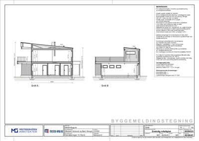 Byggemeldingstegning som viser snitt A og B av en bygning, med mål, merknader om konstruksjon og energikrav.